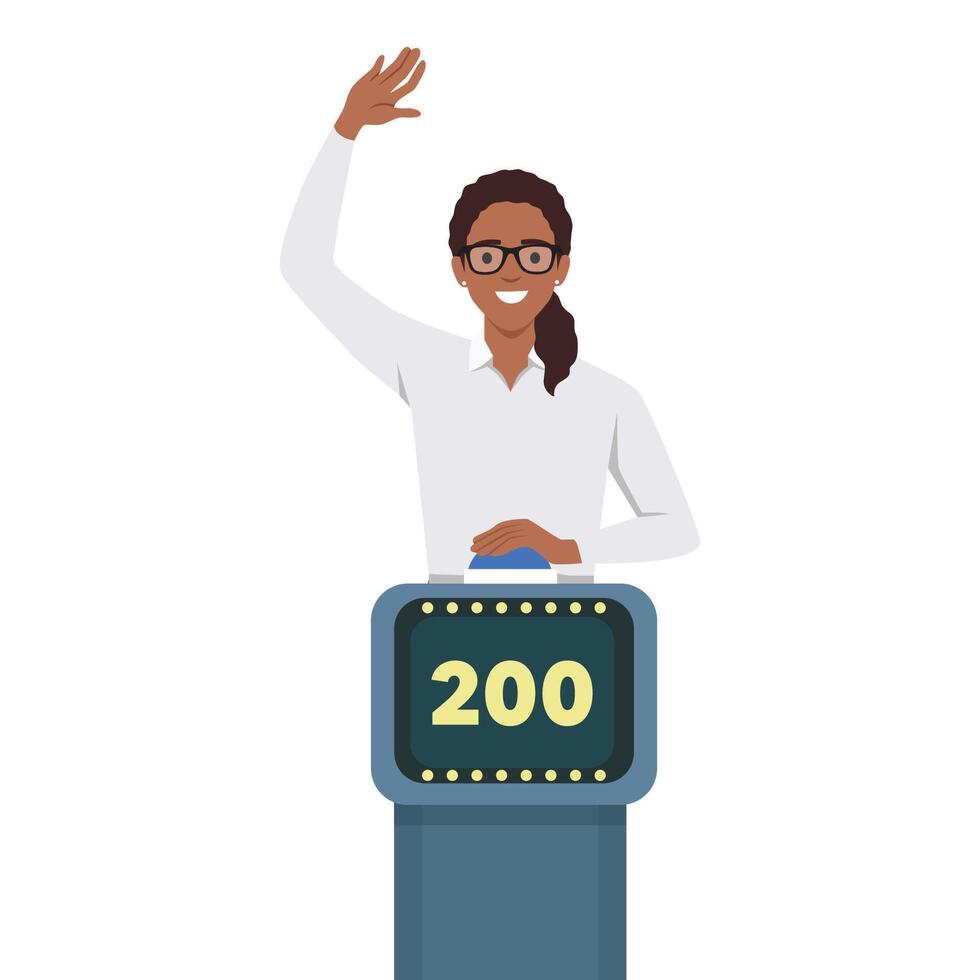 Young woman playing quiz game answering question standing at the stand with button. Girl pressed the buzzer first and raised hand up in the light of spotlight vector