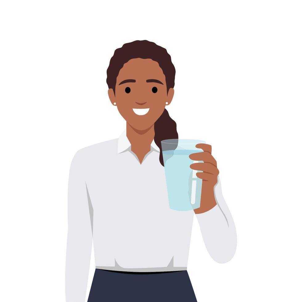 un negro mujer sostiene un vaso de agua en su mano. el concepto de agua equilibrar y salud vector