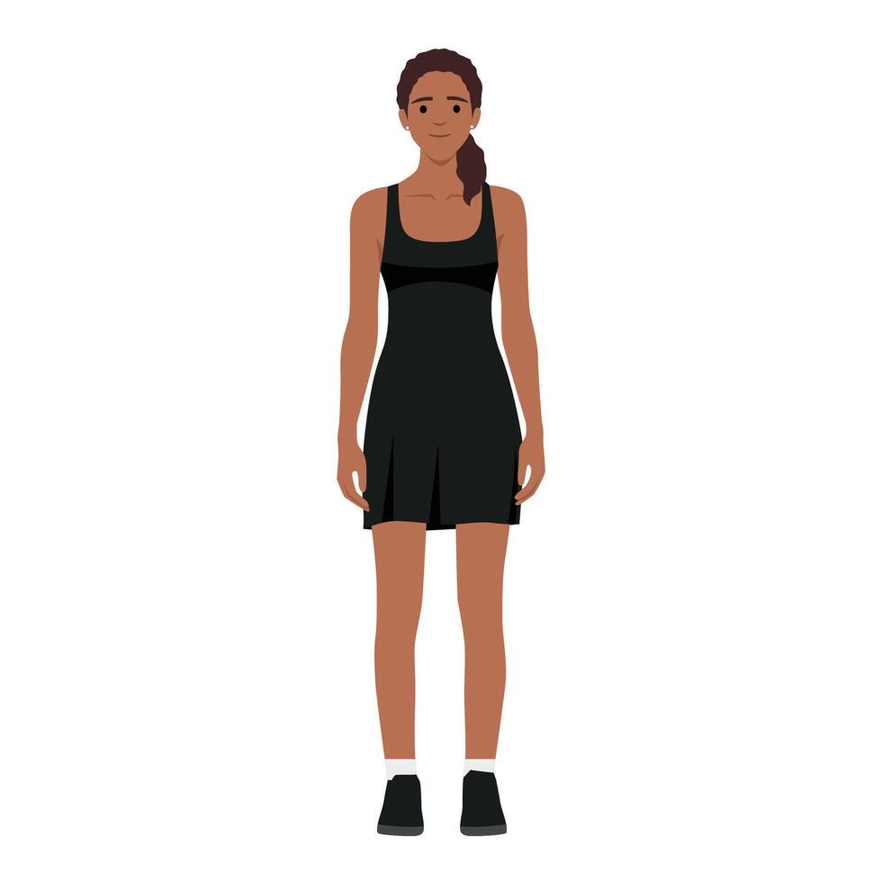 plano poses conjunto joven mujer personaje con rojo vestir y zapatos. concepto aislado silueta niña con fecha ropa vector