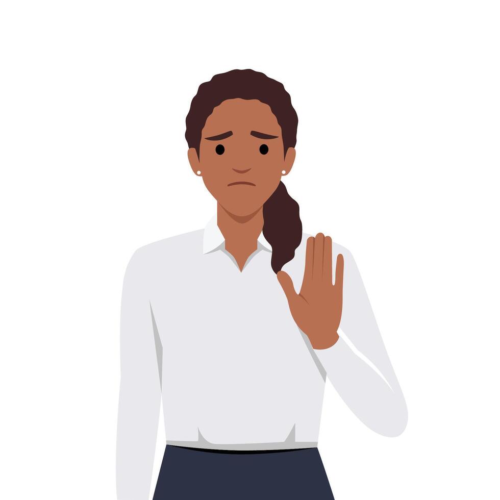Young black female say NO with negative gesture. Concept of rejection refusing denial disagree woman choice, decision vector