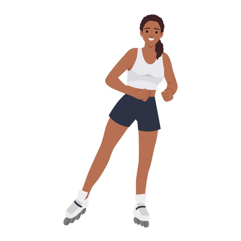 Beautiful black woman riding on roller skates. Vector illustration on white background. Sports concept.