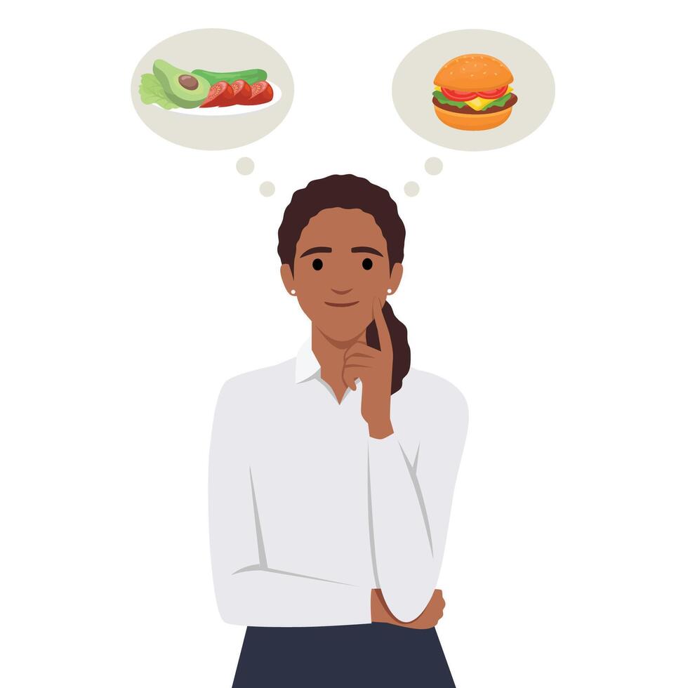 Beautiful black woman choosing between salad and hamburger, healthy and junk food. vector