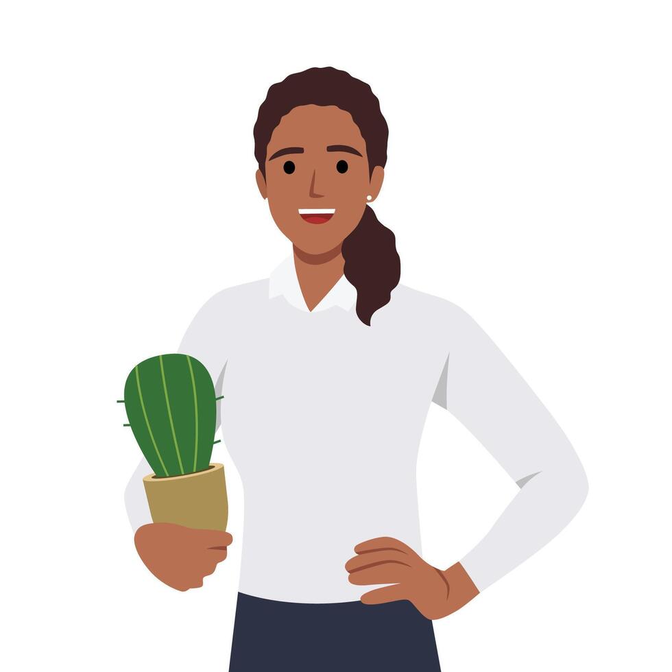 Young woman holding a cactus in her hands. Friendly card, poster or print. vector