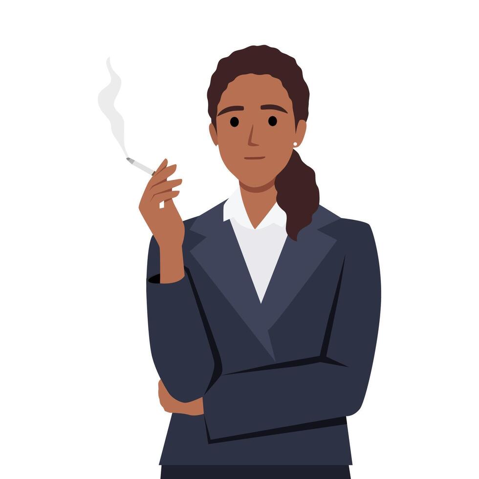 Business woman smoking cigarette to release stress. Flat vector illustration isolated on white background