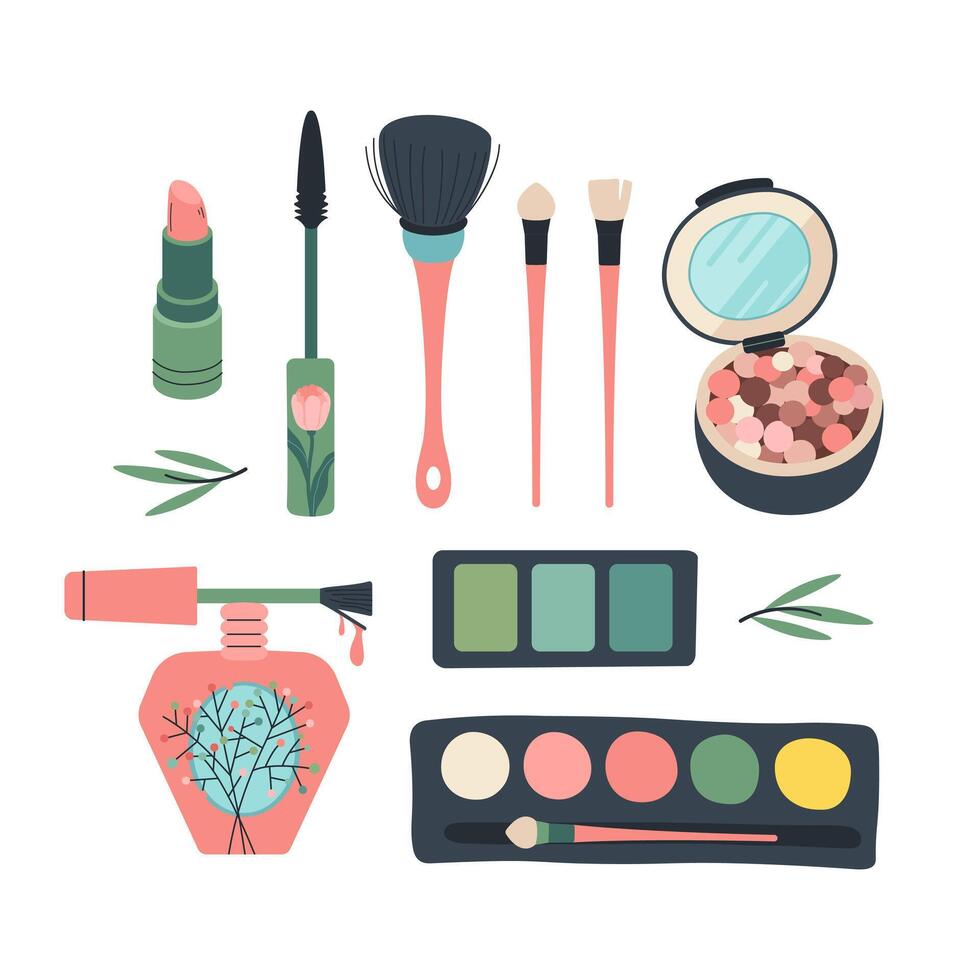 De las mujeres decorativo hacer arriba productos cosméticos colocar. colección belleza elementos lápiz labial, polvo, cepillar, uña polaco, ojo sombra, máscara, rubor. adecuado para maquillaje estudio, productos cosméticos, tiendas vector ilustración