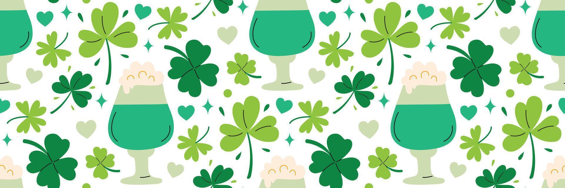 St. Patrick's Day shamrock and beer seamless pattern. Irish Green festive background. Hand drawn clever and glass beer. For greeting cards, wrapping paper, holiday design. Vector flat illustration.