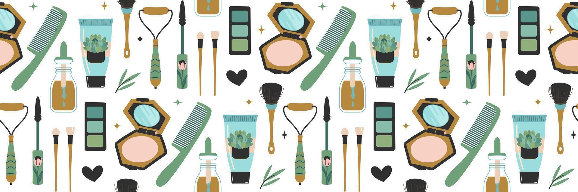 Seamless pattern with cosmetics and body care products. Hand drawn Beauty and makeup icons set. Face cream, serum, eye shadow, mascara, powder, brushes. Vector illustration for packaging, shops, web.