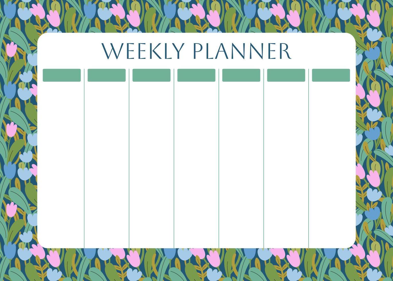 Weekly planner with floral pattern. Spring flowers and leaves, tulips on dark background for notes. Cute school planner is for 7 days. Kids schedule design template. Vector flat illustration.