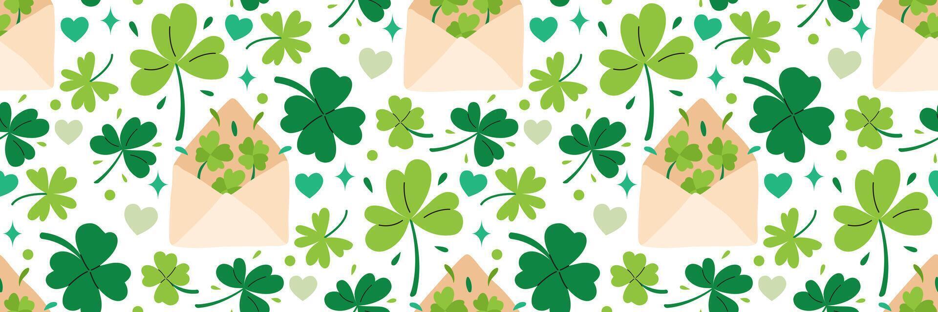 St. Patrick's Day shamrock background. green clover and festive envelope seamless pattern. Perfect for wallpaper, greeting cards, wrapping paper, holiday design. Vector flat illustration.