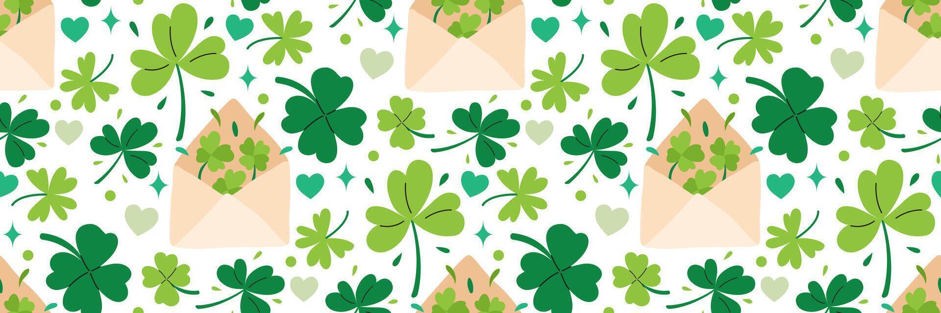 S t. patrick's día trébol antecedentes. verde trébol y festivo sobre sin costura modelo. Perfecto para fondo de pantalla, saludo tarjetas, envase papel, fiesta diseño. vector plano ilustración.