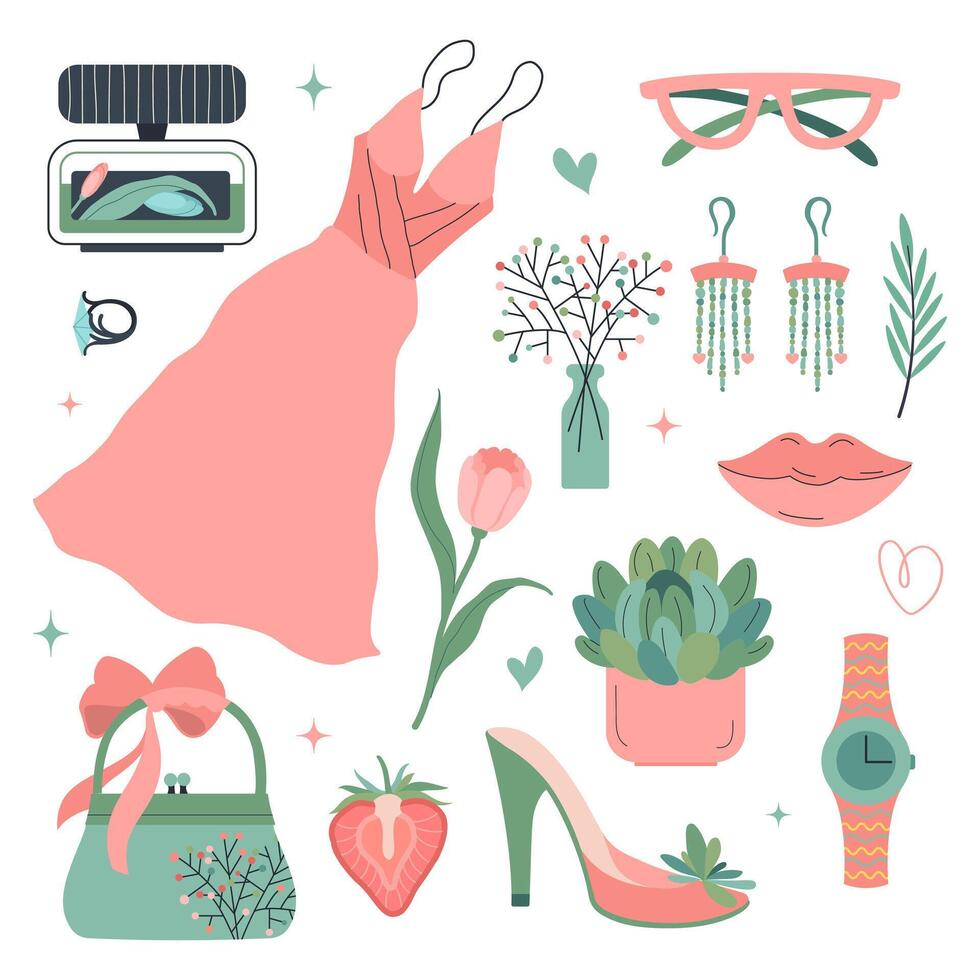 Fashion woman elements set. Dress and women's accessories. Elegance Fashion concept. Pink pastel colors. Spring mood icons bag, earrings, watch, lips, flowers. Vector flat illustration. Stickers set.