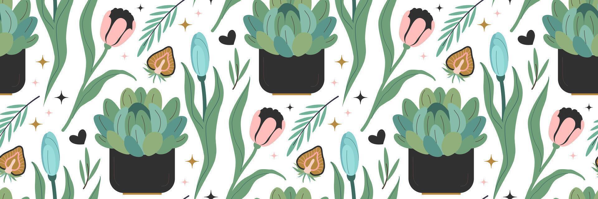 Seamless floral pattern with flowers and leaves, tulips, succulent. Spring background. Floral print for your design, clothes, wrapping paper, packaging. Vector flat illustration.