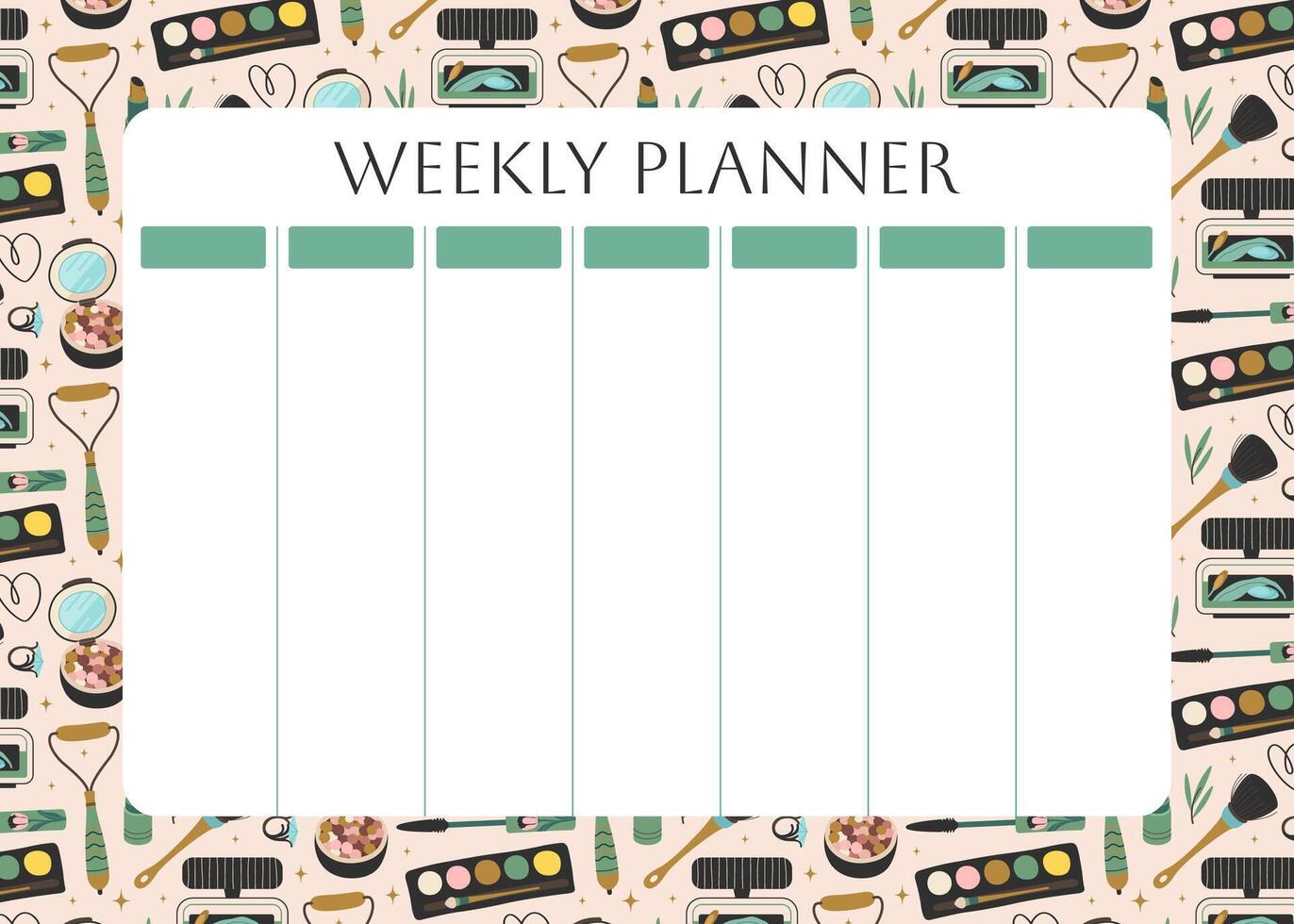 Weekly planner with fashion womens accessories. Beauty and makeup icons backgrounds for notes. Body care products. Cute lifestyle planner is for 7 days. Schedule design template. Vector illustration.