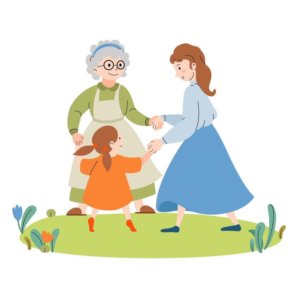 Three generations of women dancing together. Family holiday time. Happy free women. Grandmother, mother, daughter. Mother's Day vector flat illustration. For greeting card, invitation, banner, posters