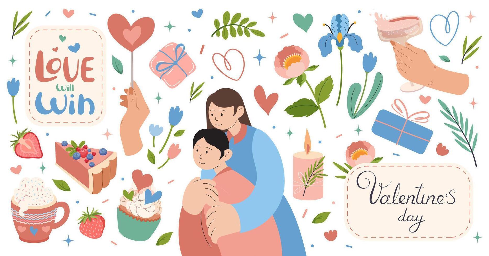 Valentine's day, February 14 set elements Vector flat illustration for stickers, postcards. Couple hugs love, heart, Cute objects phrases. Horizontal Background for web, Greeting Card, congratulations