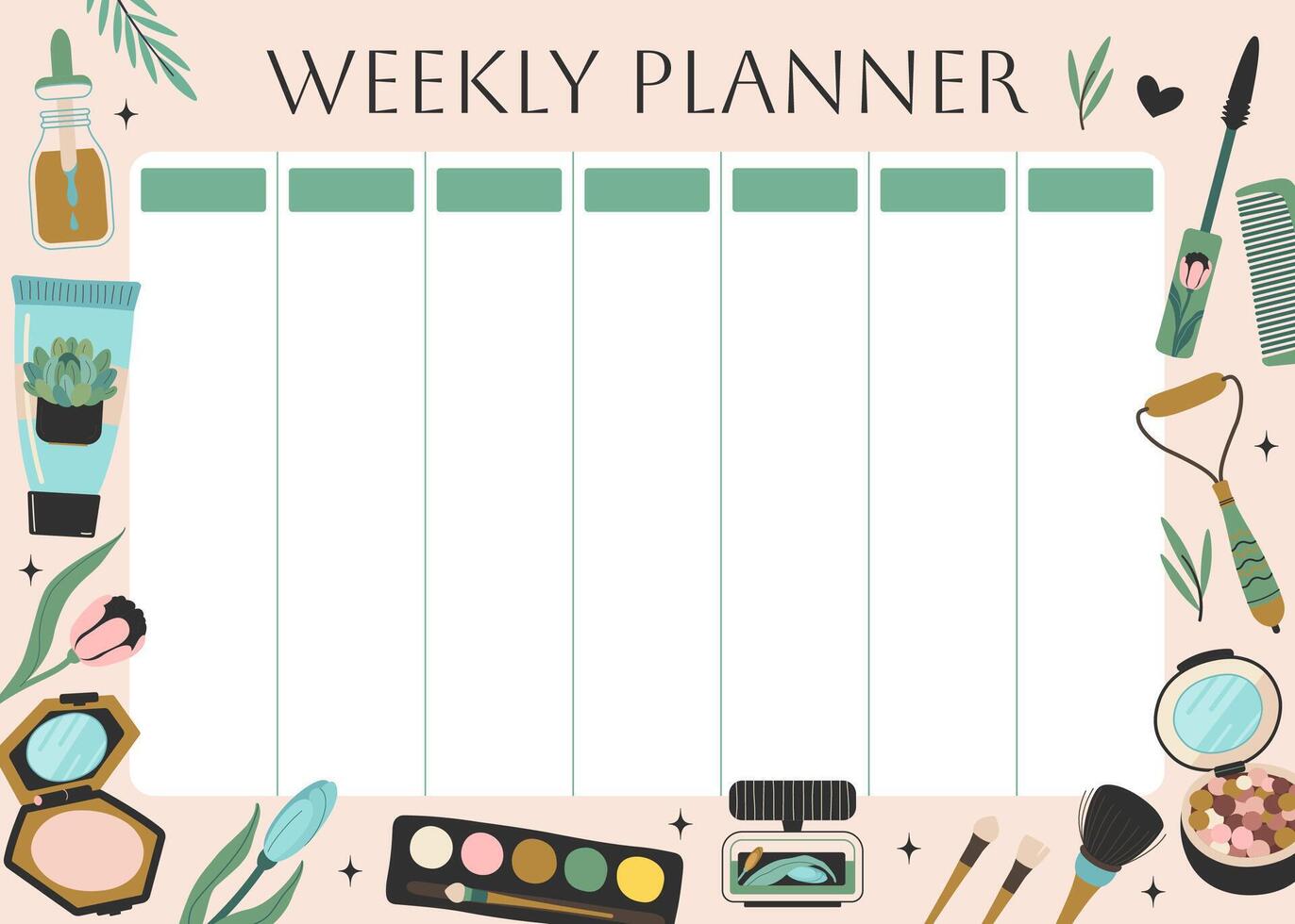 Weekly planner with fashion womens accessories. Beauty and makeup icons backgrounds for notes. Body care products. Cute lifestyle planner is for 7 days. Schedule design template. Vector illustration.