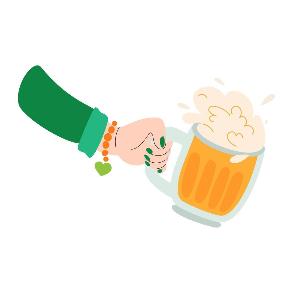 Happy Saint Patrick's day illustration. Beer in hand. Festive Irish element, green color. Glass of beer with thick foam. Bar theme, Oktoberfest and St Patrick's day. Vector flat illustration.