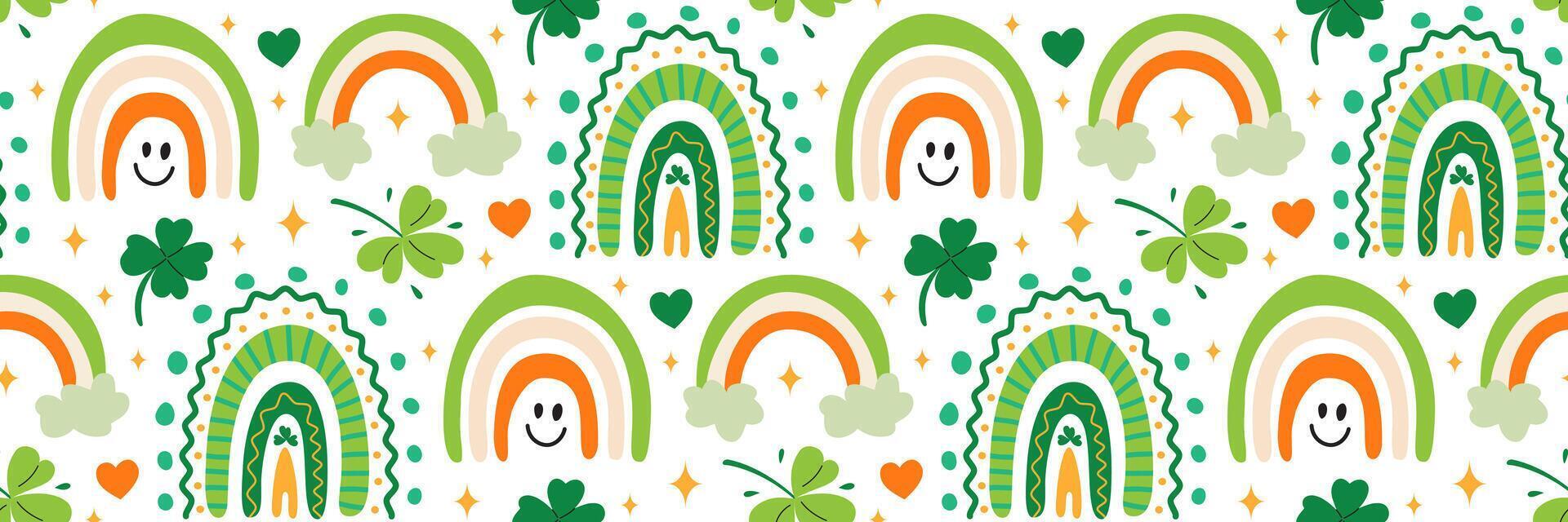 St. Patricks Day rainbow and shamrock seamless pattern. Irish Green festive background. Hand drawn clever and rainbow. Ethnic stile for greeting cards, wrapping paper, design. Vector flat illustration