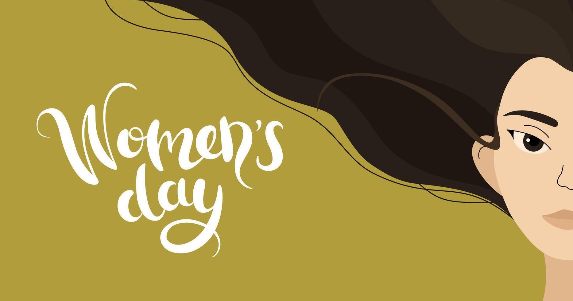 Happy Womens day horizontal banner. Women Asian races vector flat illustration. 8 March copy space banner. Beautiful diverse women girls faces in front view. Hand lettering.