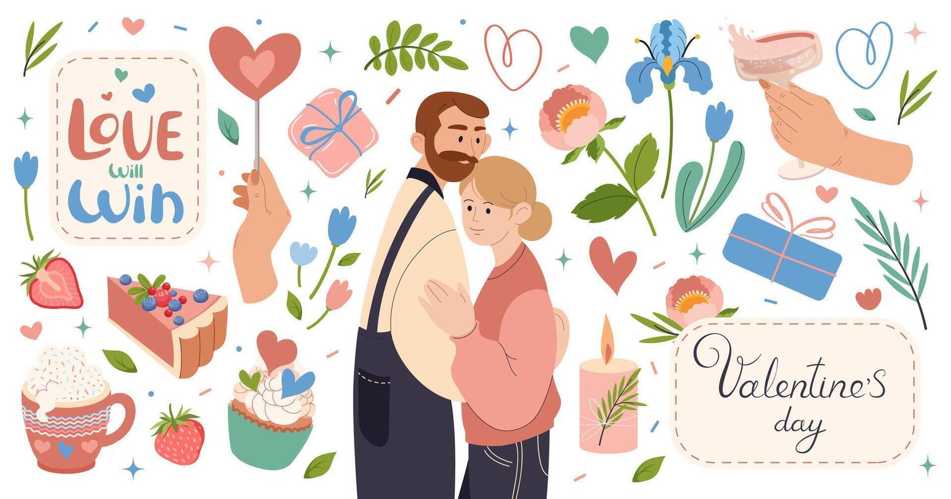 Valentine's day set with decorative elements, symbols of love, phrases, sweets, flowers. Couple of people in love. February 14. Vector illustration for postcard, card, congratulations and poster.