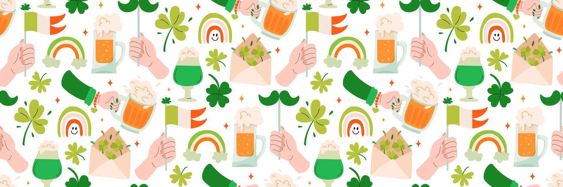 S t. patricks día sin costura modelo. antecedentes con festivo elementos. cerveza en mano, irlandesa bandera, trébol. para fondo de pantalla, saludo tarjetas, envase papel, fiesta diseño. vector plano ilustración.