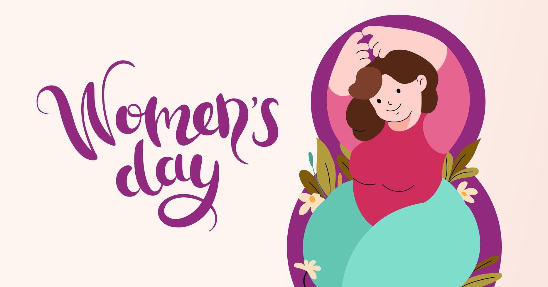 International Women's Day horizontal banner. Self care, body positive concept. Happy plus size girl and active healthy lifestyle. Invitation with number 8 and spring plants. Vector illustration.