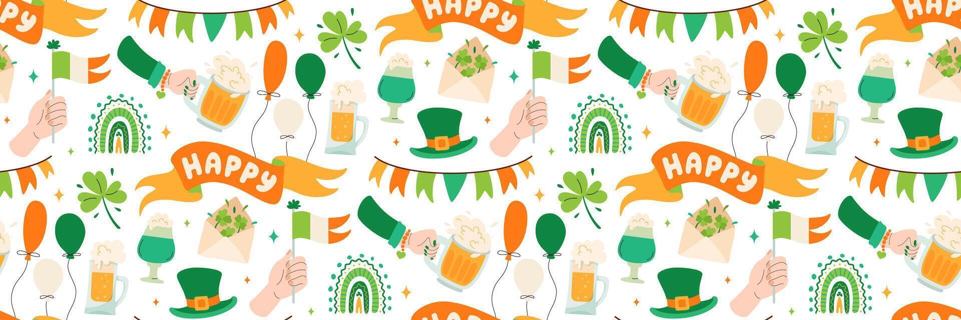 St. Patricks Day seamless pattern. Background with Festive elements. Ribbon banners with Groovy title. Beer in hand, garland of flags. For wallpaper, wrapping paper, holiday. Vector flat illustration.