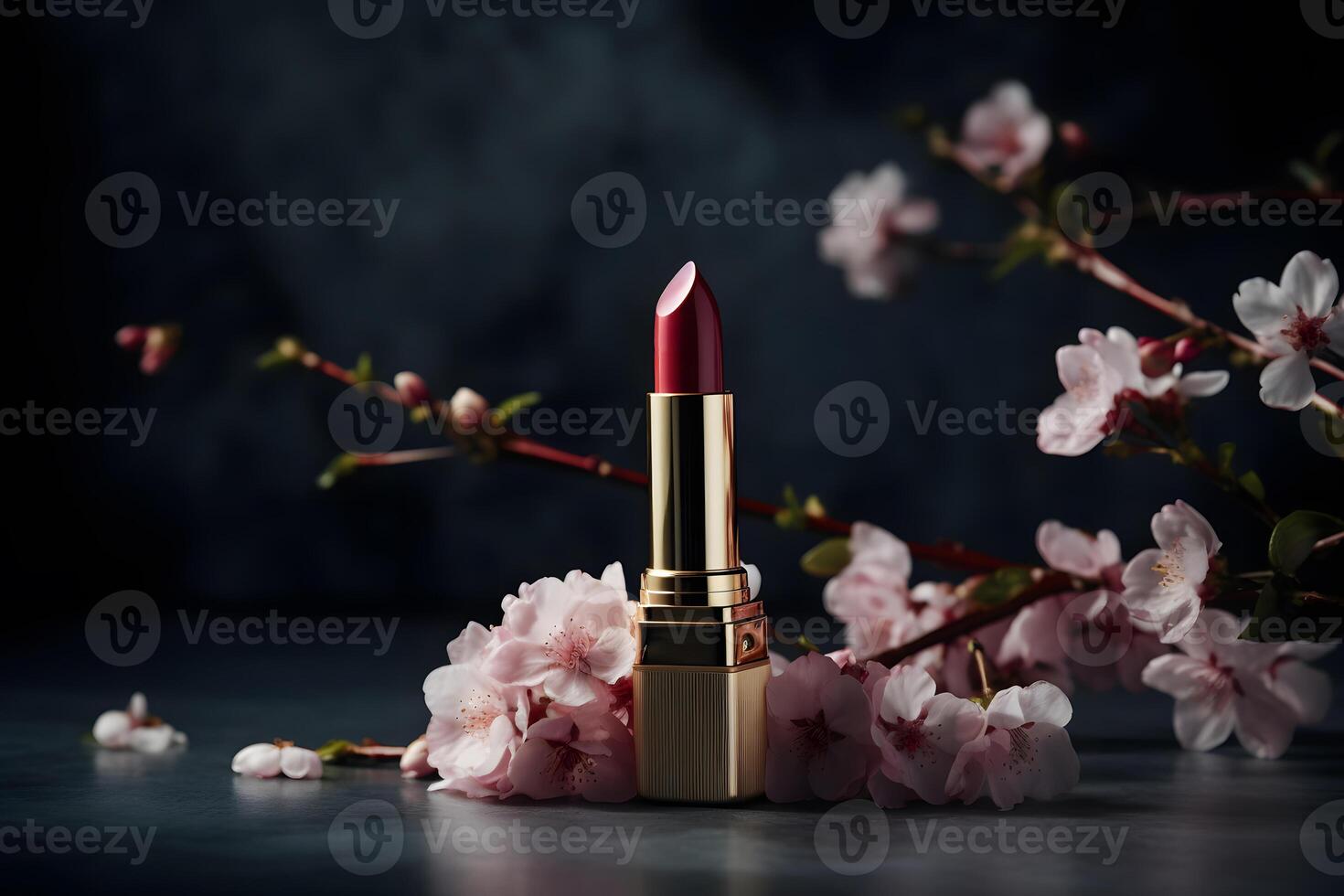 AI generated Red lipstick and flowers on a dark background. Neural network AI generated photo