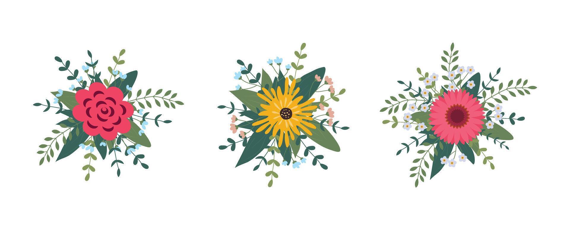 conjunto de flores arreglo aislado en antecedentes. plano ilustración. Perfecto para tarjetas, invitaciones, decoraciones, logo, varios diseños vector