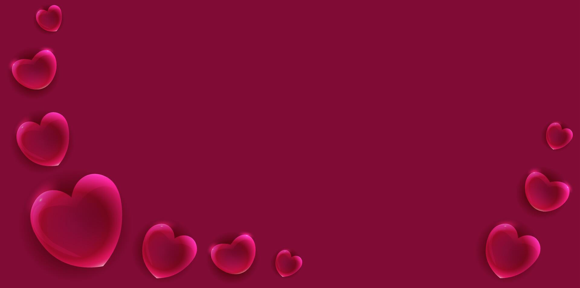 Valentine's Day postcard template with heart shaped balloons on red background. Cute love banner or greeting card vector