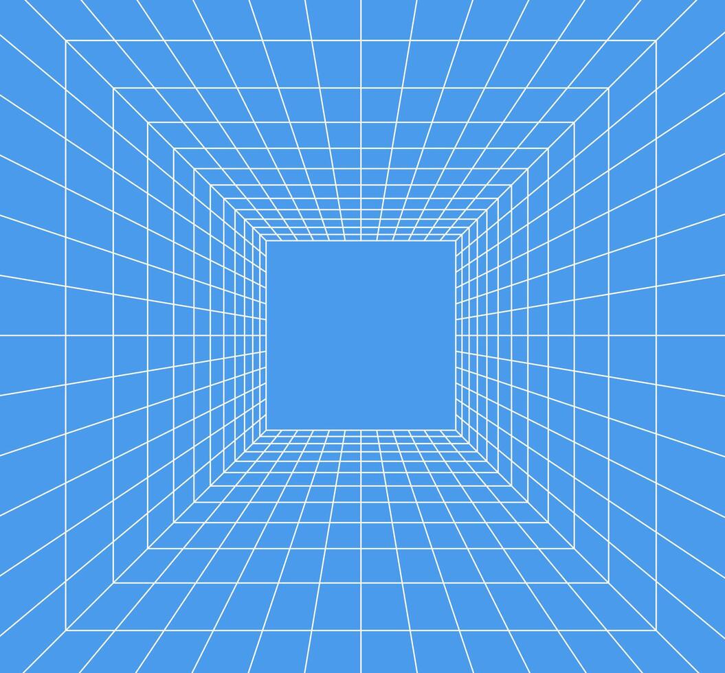 Grid room in perspective in 3d style. Indoor wireframe from white laser beam on  blue background, digital empty box. Abstract geometric design vector