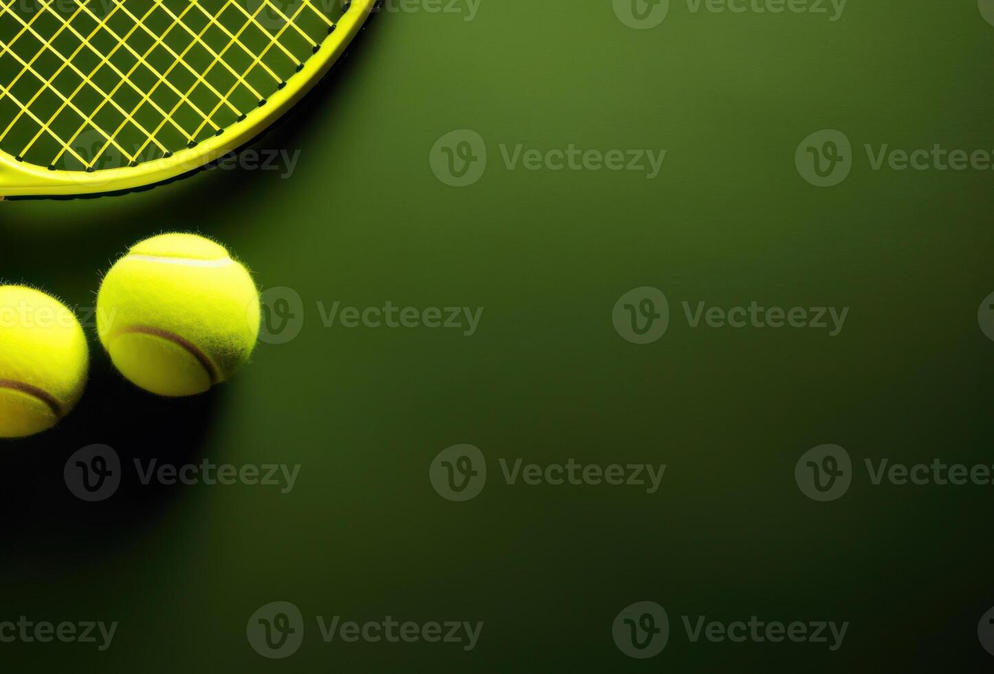AI Generated Two Tennis Balls And Tennis Racket Composition. Sport Green Background with Copy Space. Healthy Lifestyle photo