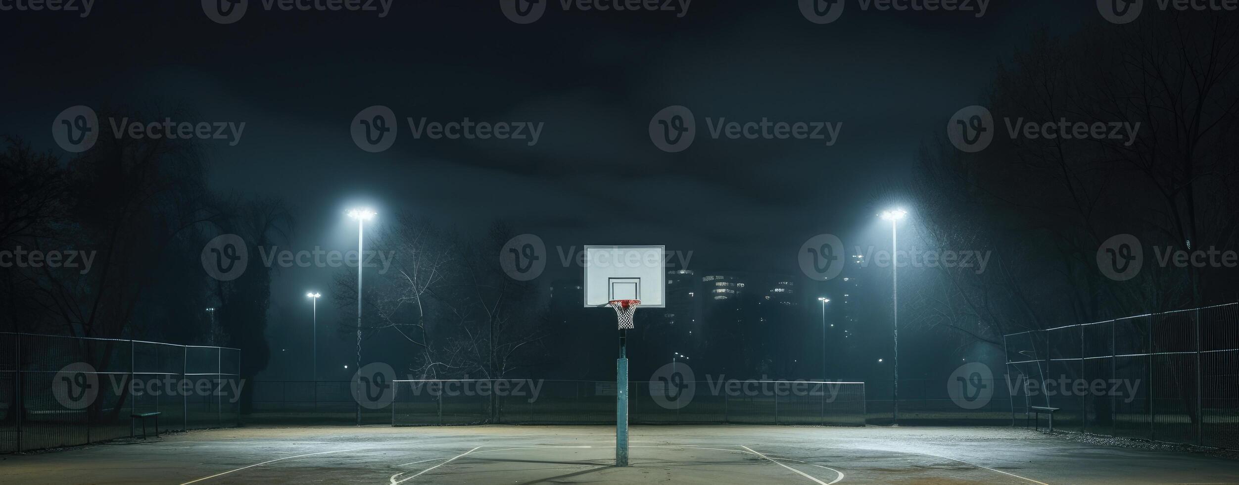 AI Generated Outdoor Basketball Court at Night Lit by Overhead Lights, Urban Backdrop. Generative AI photo