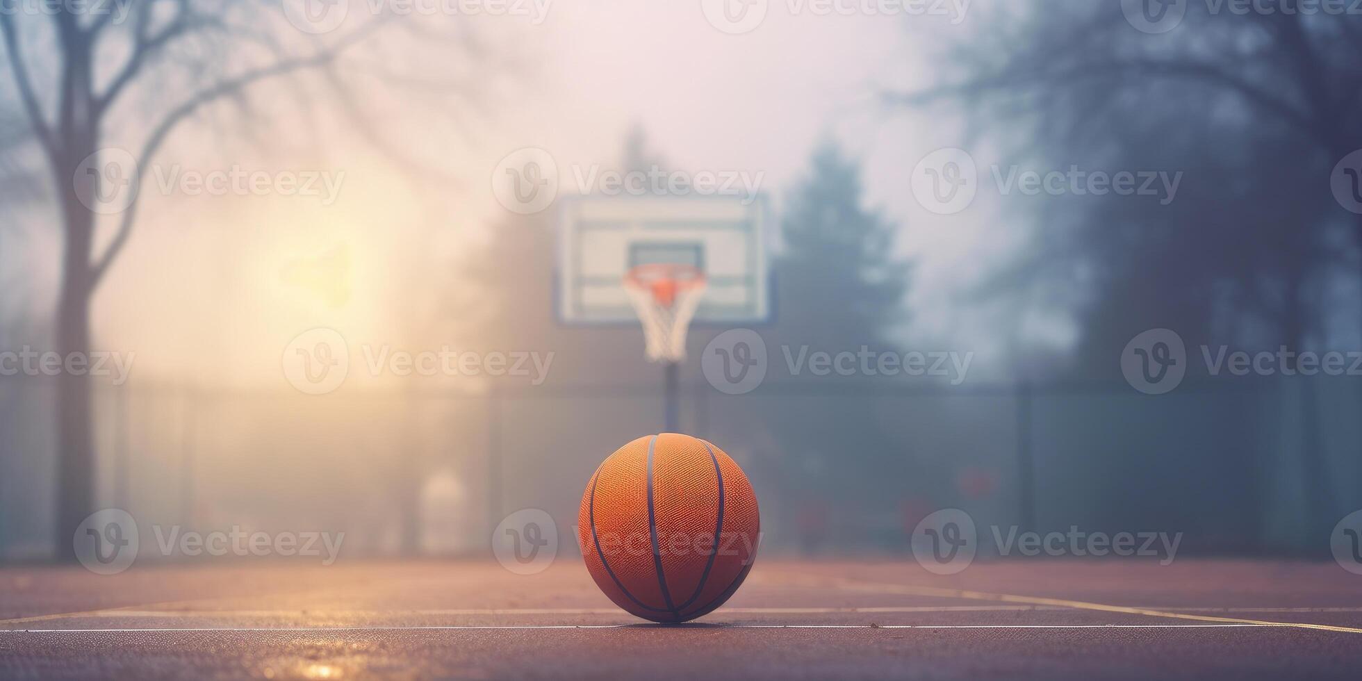 AI Generated Basketball on Urban Empty Court with Mist Background. Outside Streetball Playground. Generative AI photo