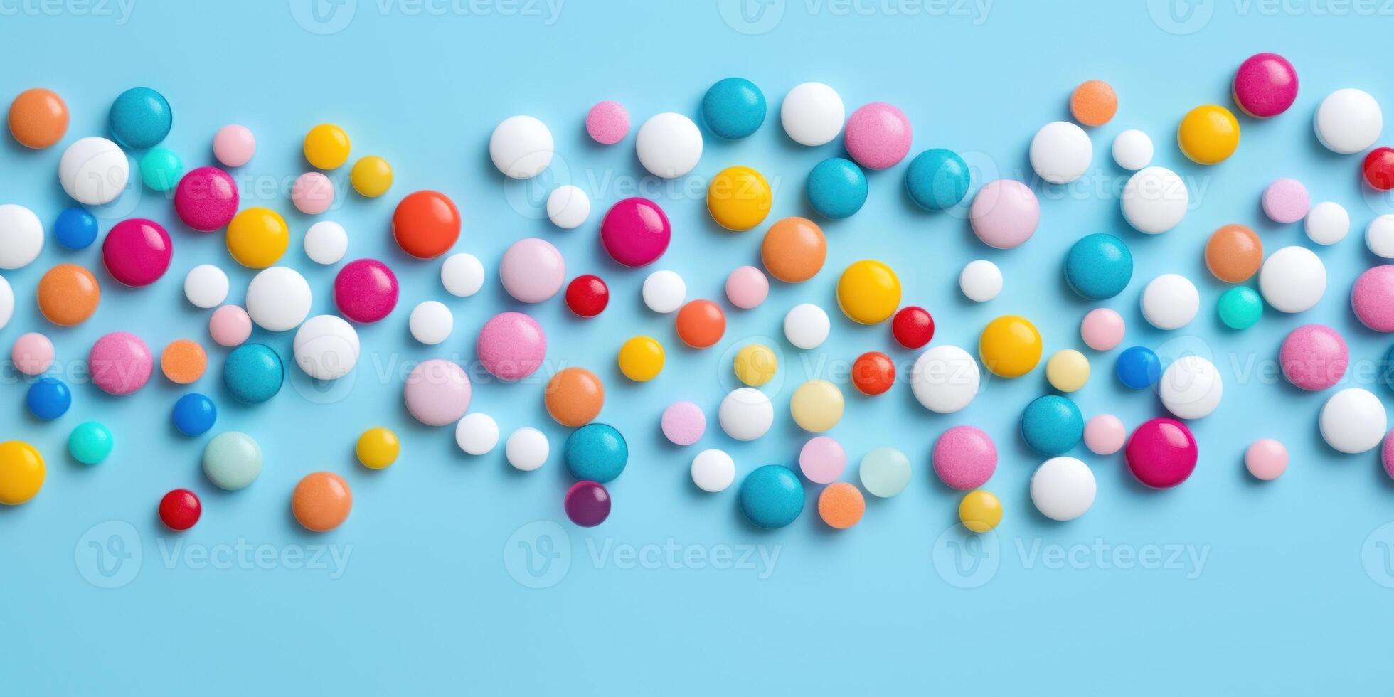 AI Generated Lots Of Colorful Pills on Blue Background. Top View Of Vitamin Supplement, Drugs. Medication Addiction Concept photo