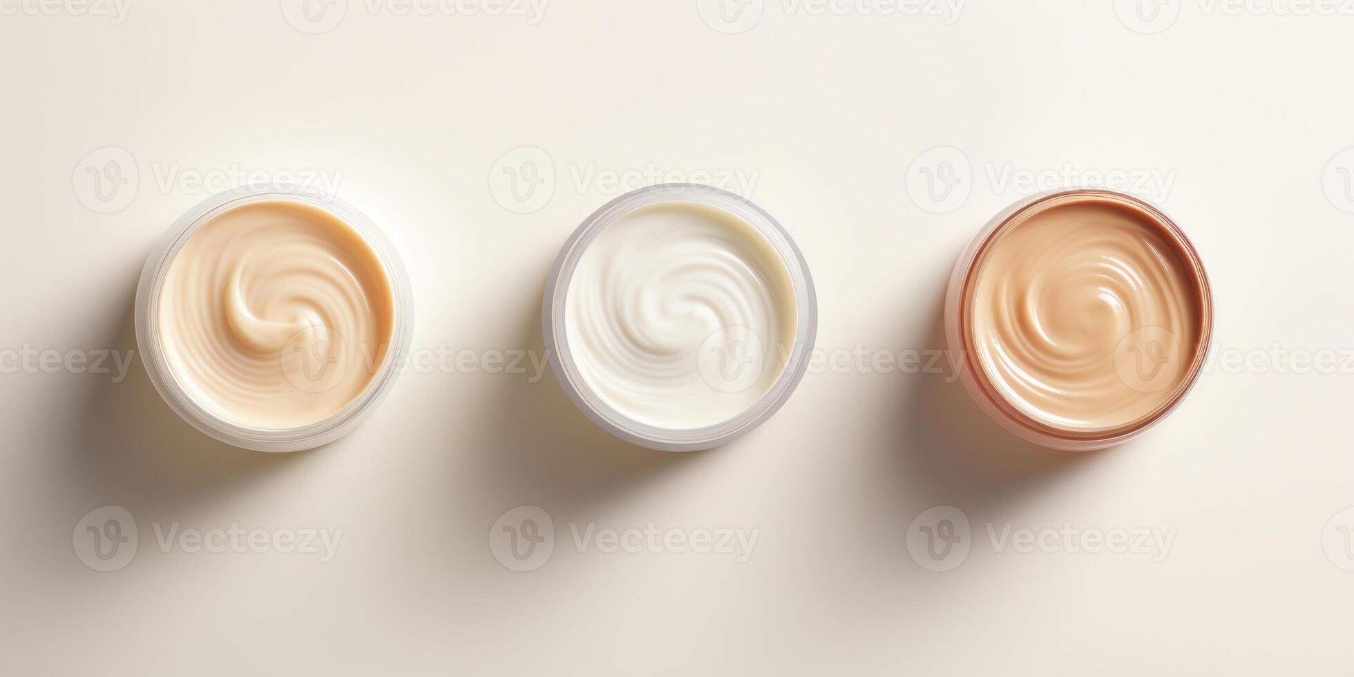 AI Generated Cosmetic Packages Mockup Composition. Top View Of Three Skincare Products. White And Beige Skin Care Cream In Containers. Lotion Bottle, Gel Jar. photo