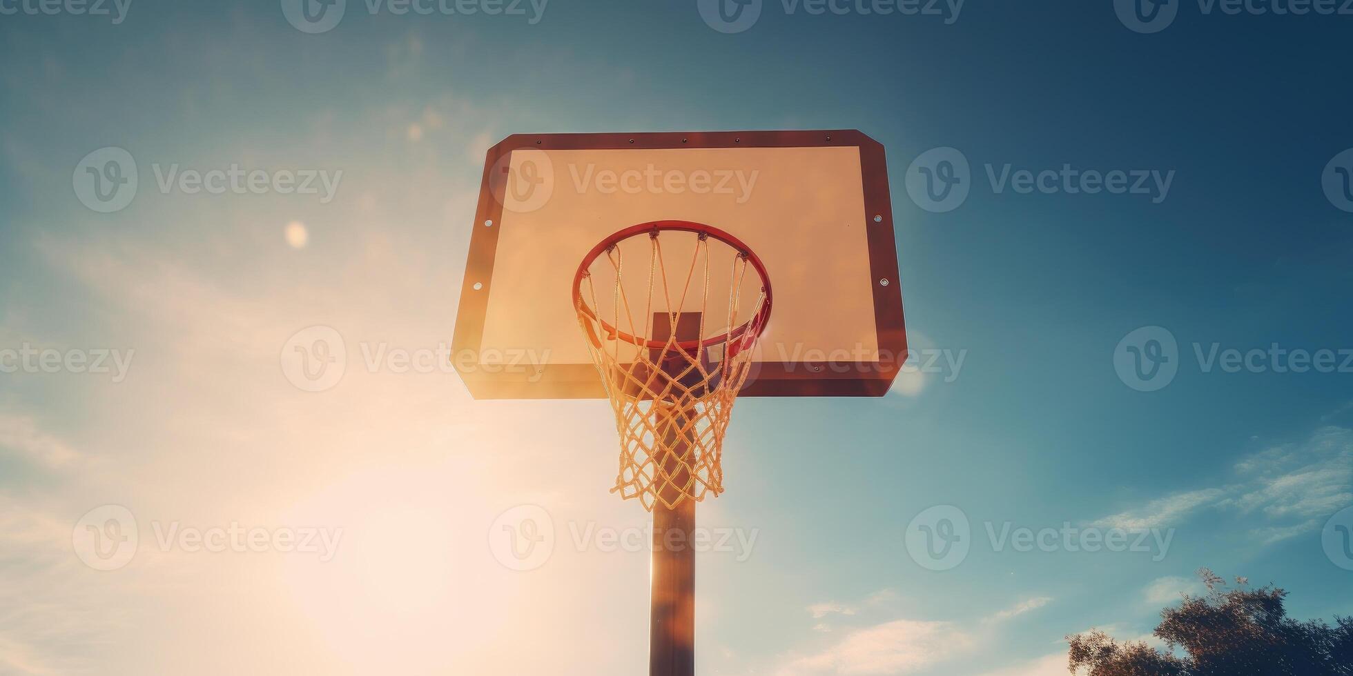 ai generado al aire libre baloncesto aro, luz de sol y azul cielo antecedentes. calle pelota. generativo ai foto