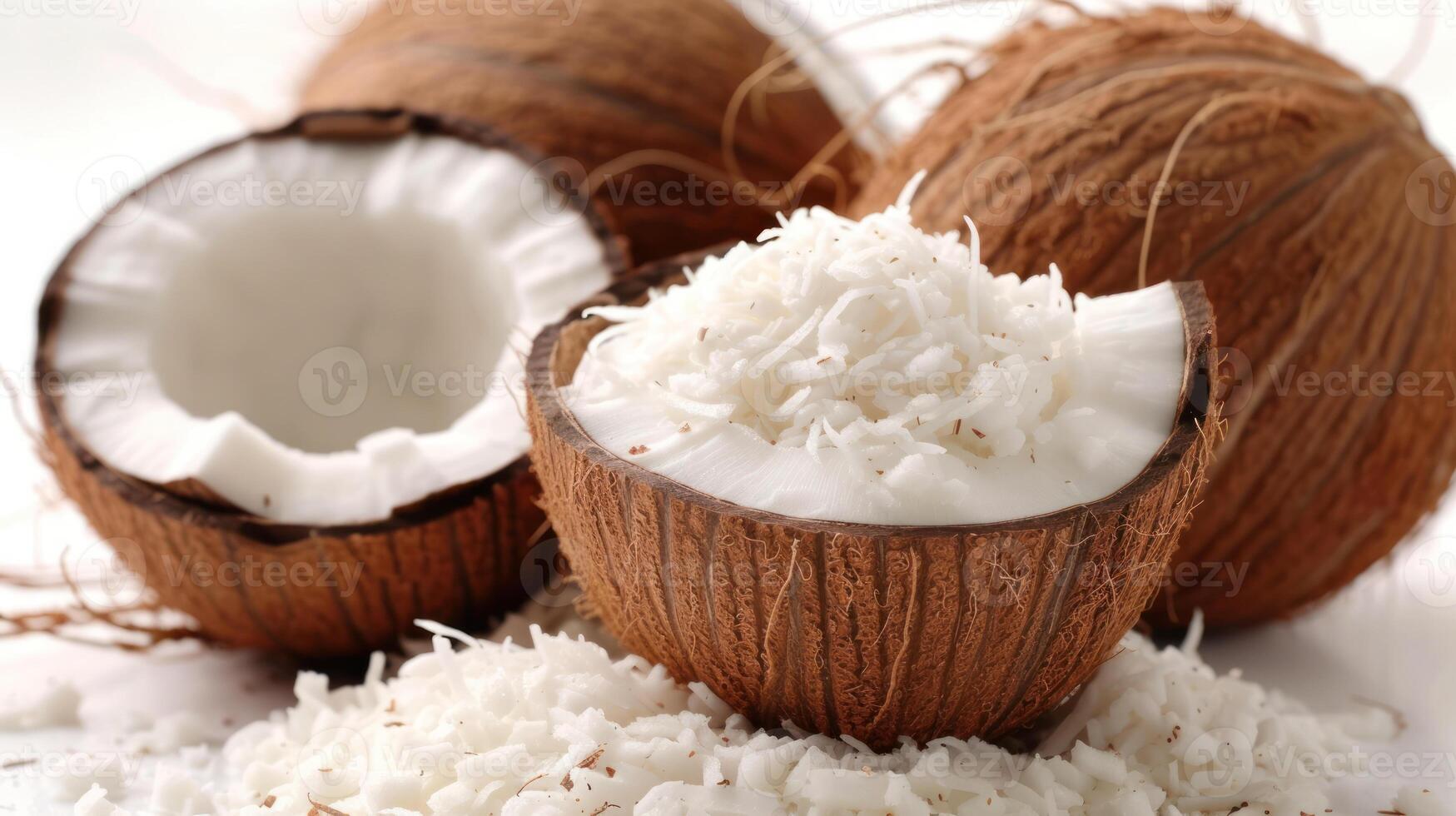 AI generated Open coconut filled with coconut flakes photo