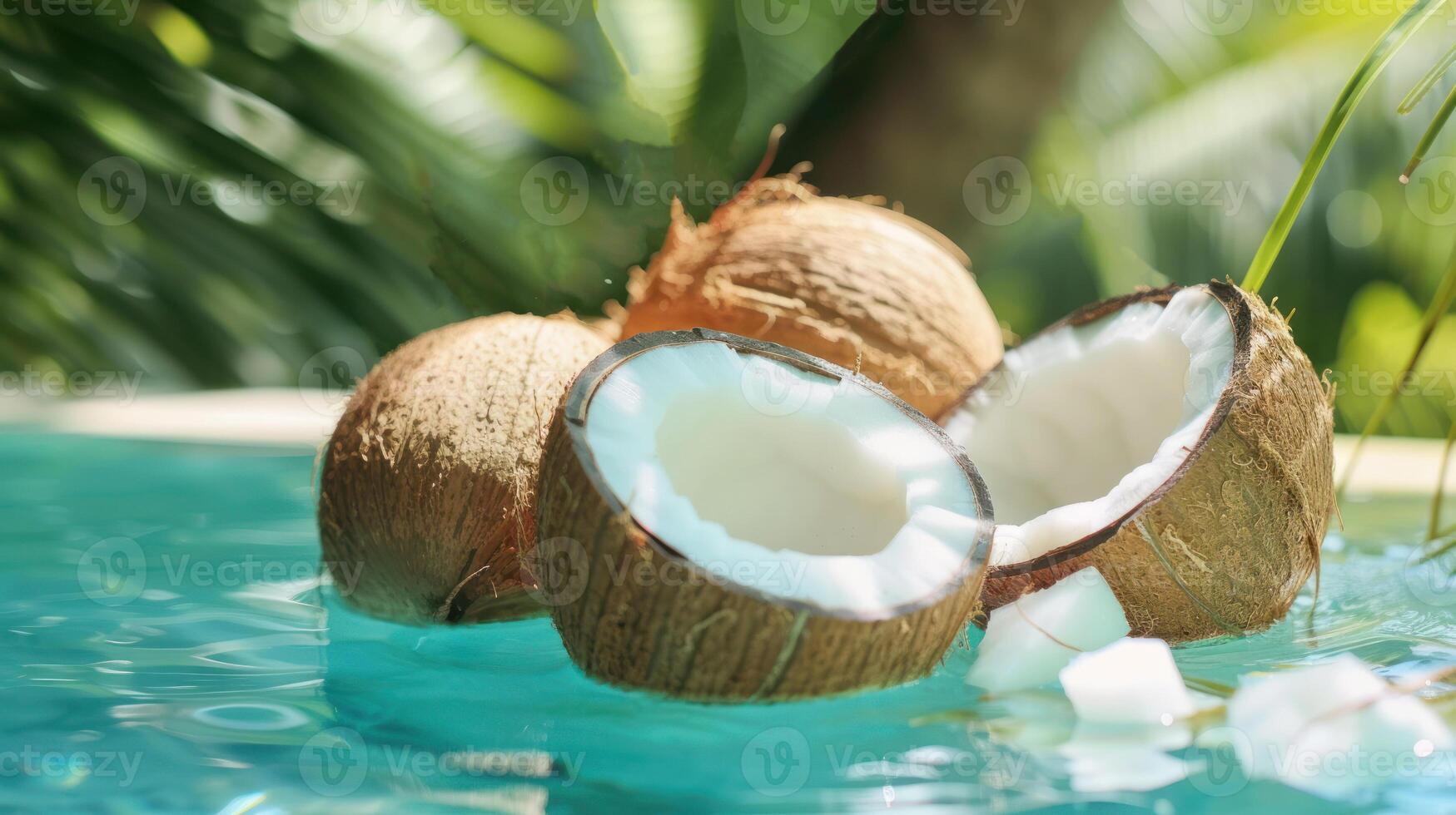 AI generated Coconut halves in water. Tropical fruit background photo