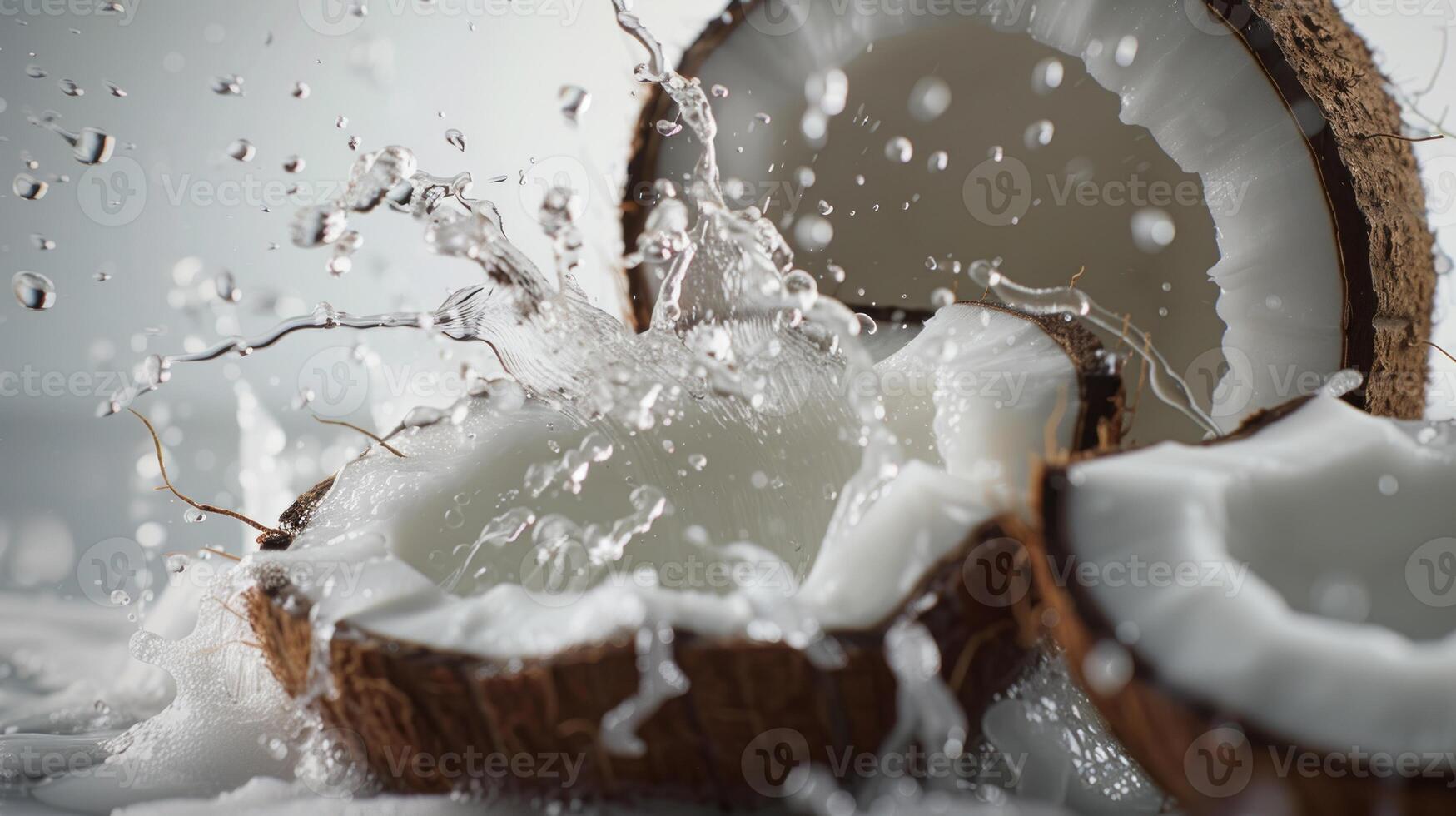 AI generated Opened coconut with splash of coconut milk photo