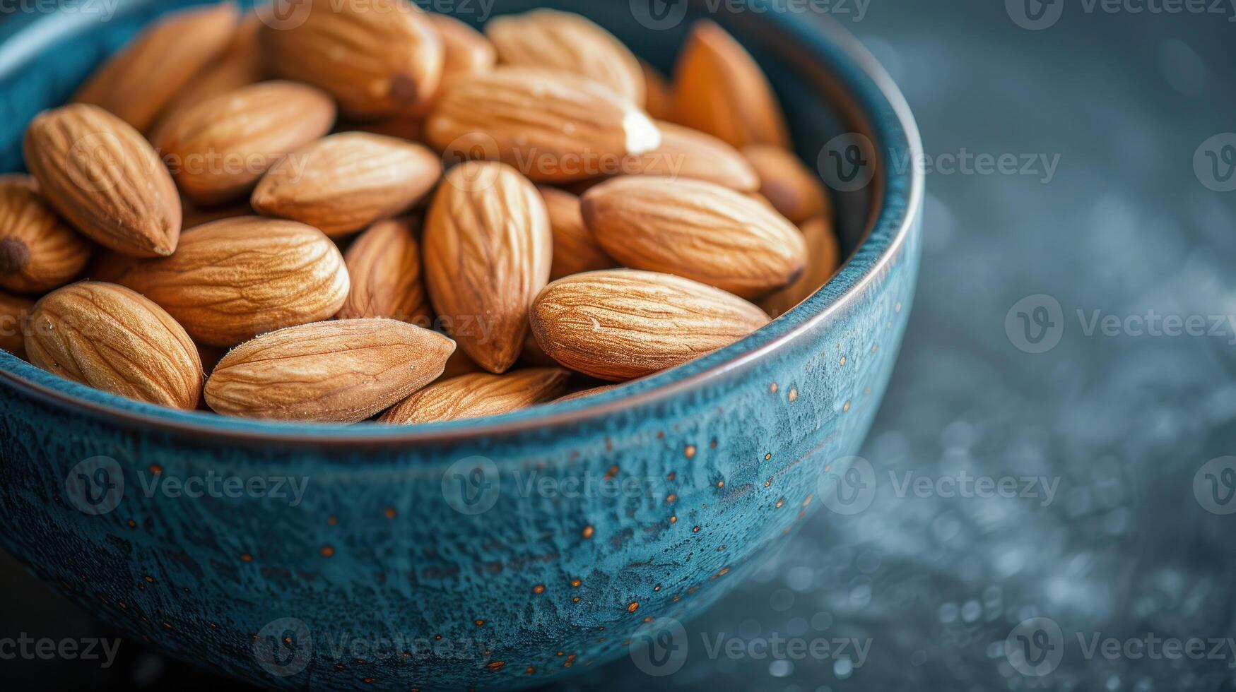 ai generado pelado almendra nueces en cuenco en azul antecedentes foto