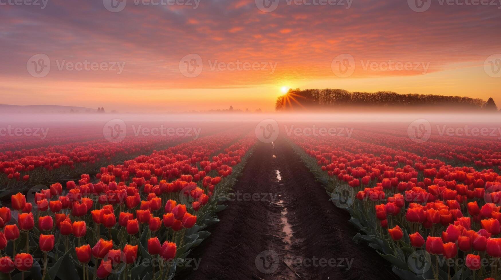 AI generated Tulip blooming in early foggy morning photo