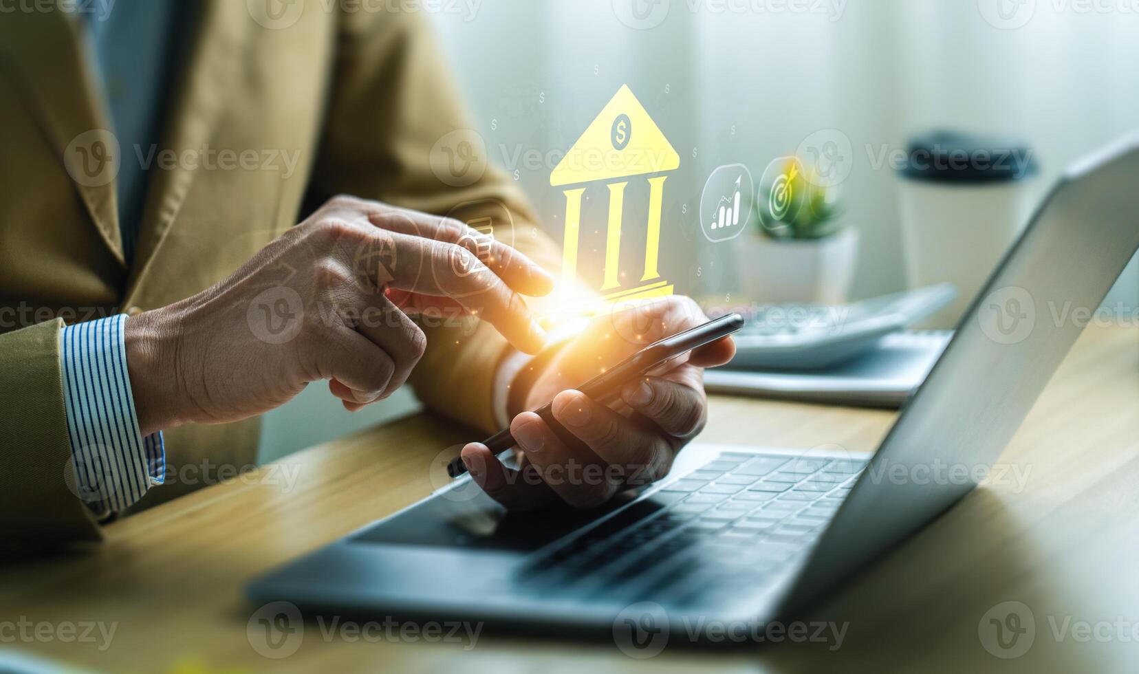 businessman using mobile online banking and payments, digital marketing. Financial and banking networking. Customer network connection and online shopping icons cyber security, business technology photo