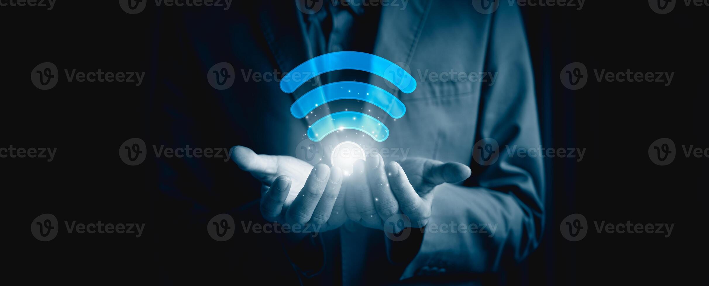 Wifi internet access concept, Business people connect WiFi technology. connect instantly via smartphone and high-speed hotspot. Fast internet wifi hotspot sharing. Working with various applications photo