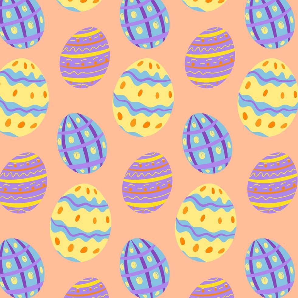 Cute vector pattern with bright colored easter eggs on peach fuzz color background