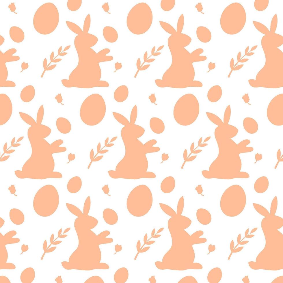 Cute vector pattern with easter bunny and eggs peach fuzz color on white background