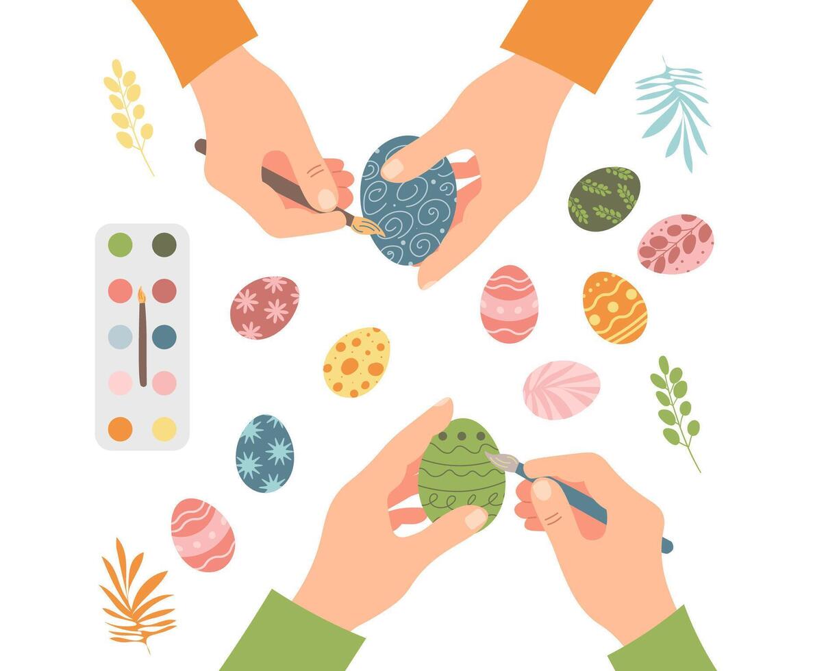 family is preparing for Easter. to paint eggs. hands hold brushes and paint Easter eggs. Vector flat illustration.