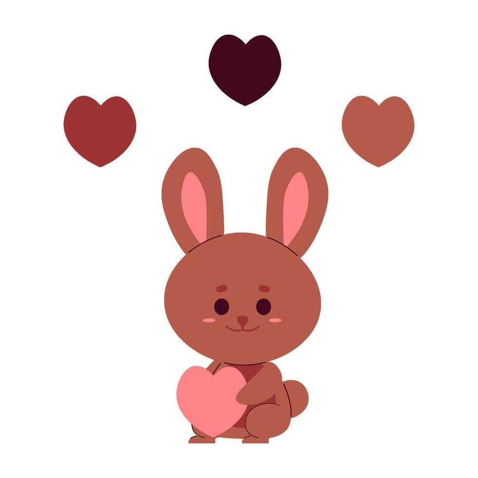 Cute chocolate bunny with pink heart. Easter rabbit on white. vector illustration.