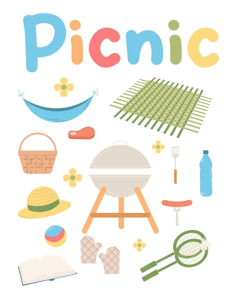 comida y artículos para verano o primavera picnic. plano vector. conjunto para picnic día. vector