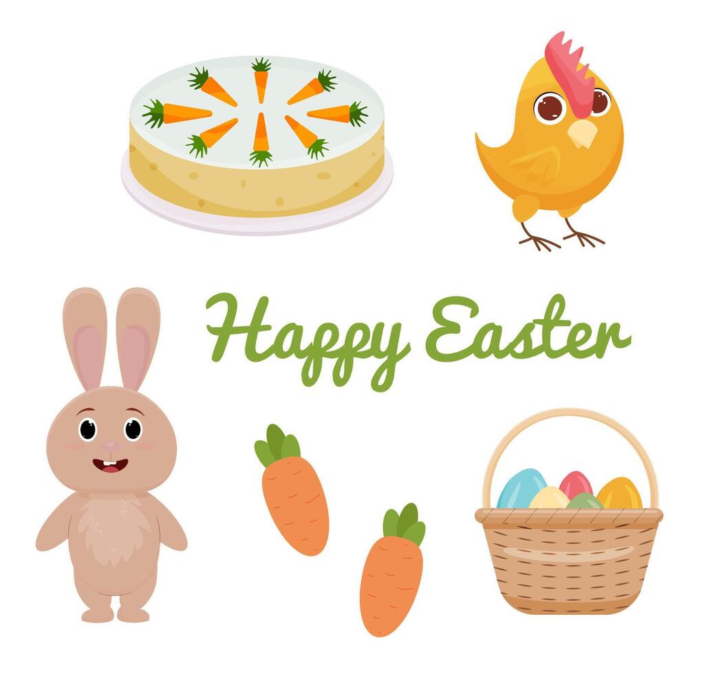 A set with cartoon Easter symbols. easter bunny or rabbit , chicken and eggs, pie, carrot, text, happy easter. Vector. vector